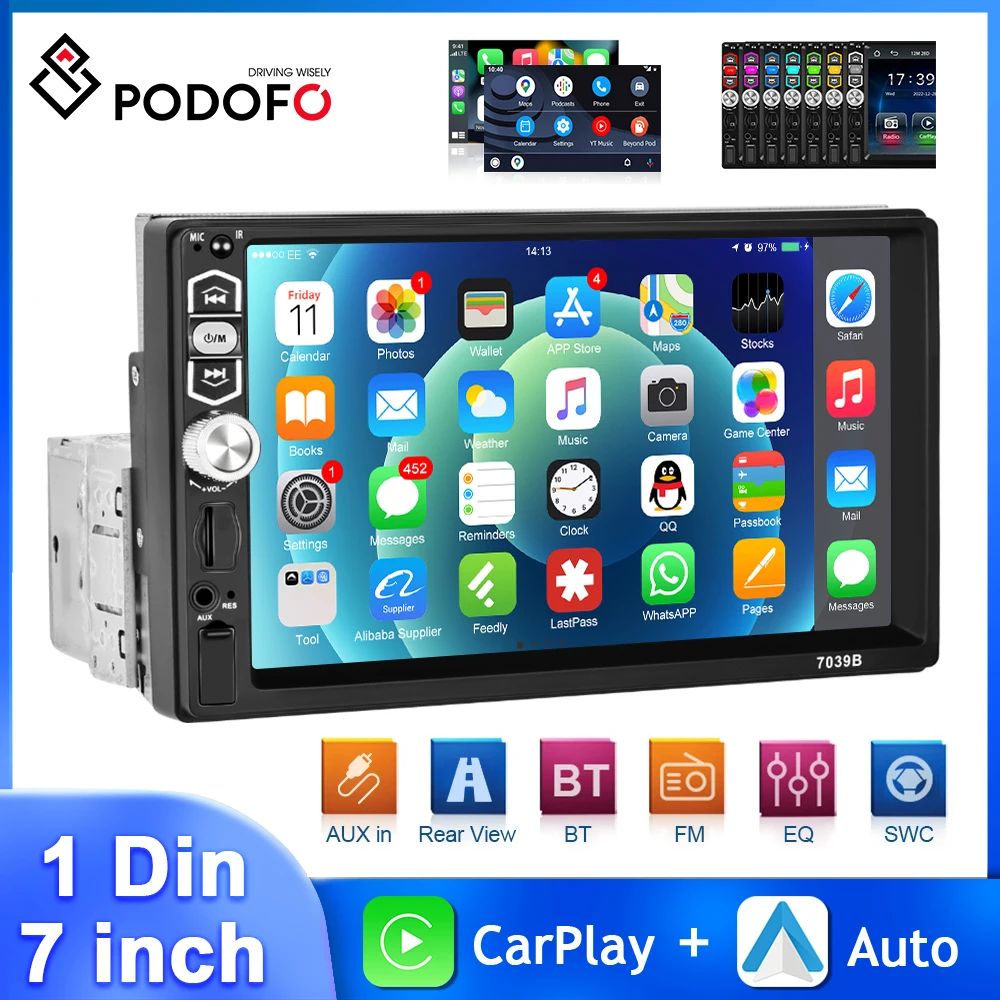 

Podofo 7'' Car Radio 1Din Carplay Android Auto MP5 Multimedia Player HD Touch Screen Bluetooth Mirror Link FM AUX Car Autoradio