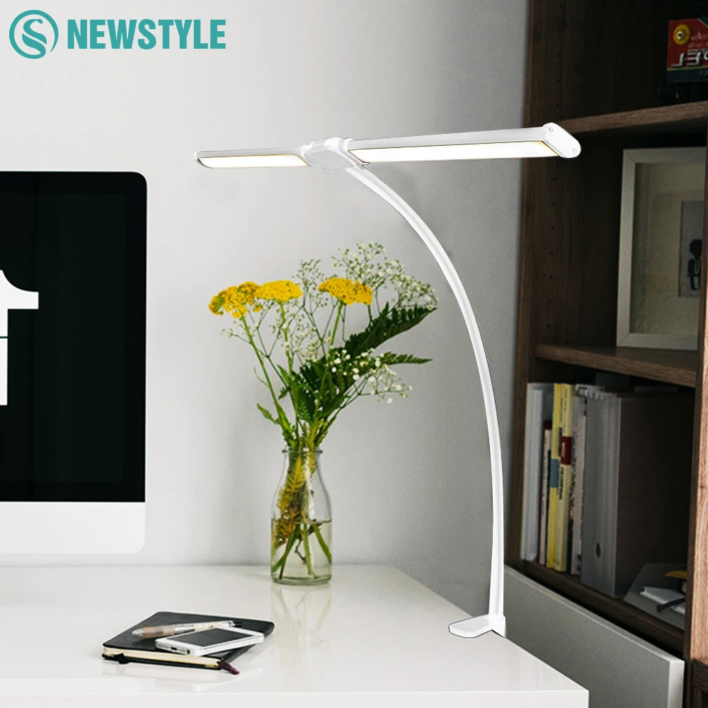 Desk Lamp LED Double Head Stepless Dimming Eye-Caring 3 Color Mode Flexible Adjustable PC Office Table Lamp