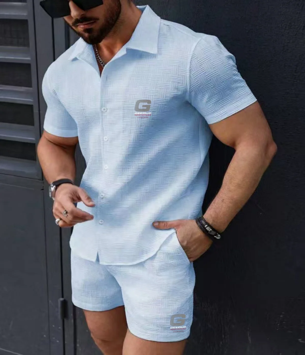 2025 Men's casual shirt two-piece set, New summer Fashion lapel shorts short sleeve Loose outdoor Sports Beach Suit 2