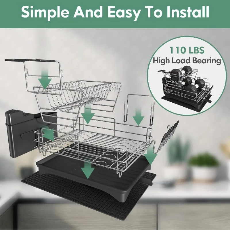 Dish Drying Rack, Large Rack and Drainboard Set with Swivel Spout, Kitchen Counter Wine Glass Holder, Utensil Mat