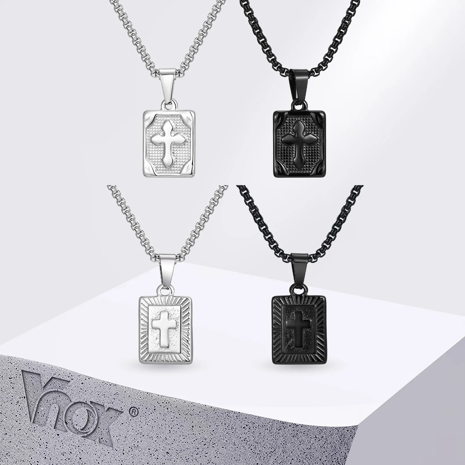 Vnox Kreuz-Halskette mit quadratischem Anhänger für Männer und Frauen, Kreuz-Anhänger-Kragen mit Edelstahl-Kastenkette, Geschenk zum Vatertag, Papa, Junge