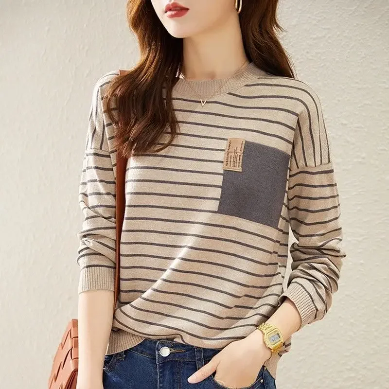 

Women's Clothing Casual Striped Sweaters Autumn Long Sleeve Korean Round Neck Fashion Patch Designs Loose Knitted Jumpers E140