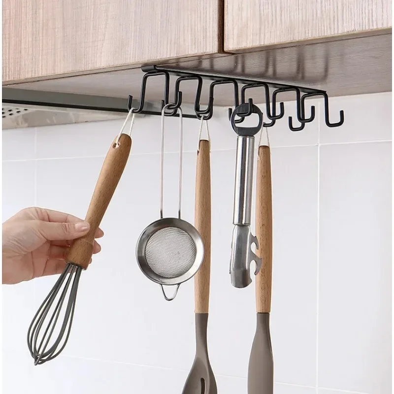 Mug Cup Hanger Bathroom Kitchen Organizer Hanging Rack Holder Iron 6 Hooks Storage Shelf Wardrobe Cabinet Metal Under Shelves