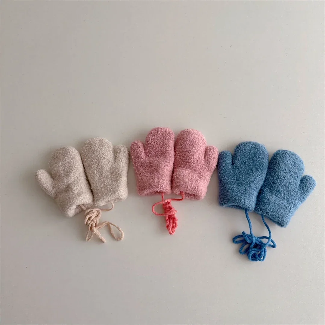 0-1Y Baby Plush Thick Gloves Cold Resistant Fingers Solid Color Baby Boys and Girls Anti Lost Warm Snowx Gloves Autumn Winter