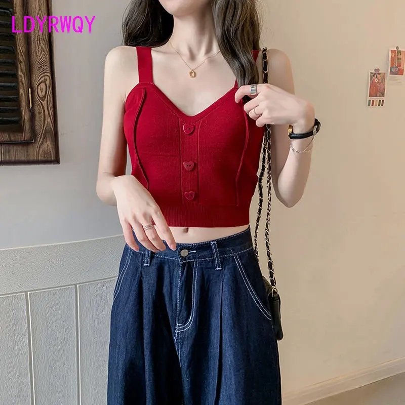 

Knitted suspender waistcoat for women wear summer fashion new style back with short bottom vest camiole Tanks