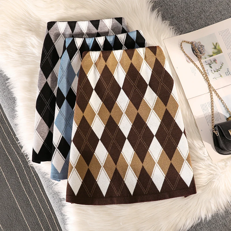 

Contrast Color Plaid Knitted Skirt Women High Waist 2022 New Mini A-Line Autumn Winter Skirt Bud Elastic Runway Clothes I592