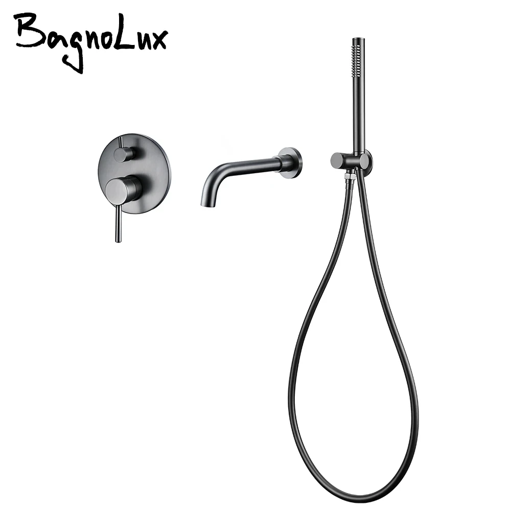 

Bathtub Mixer Tap Set Shower Hot And Cold Bathroom Faucet Brushed Stanless Steel Diverter With Wall Mount Spout Handheld Hose
