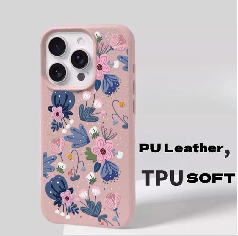 Pink Blue Floral Art Pattern Soft PU Leather Matte Cover Case