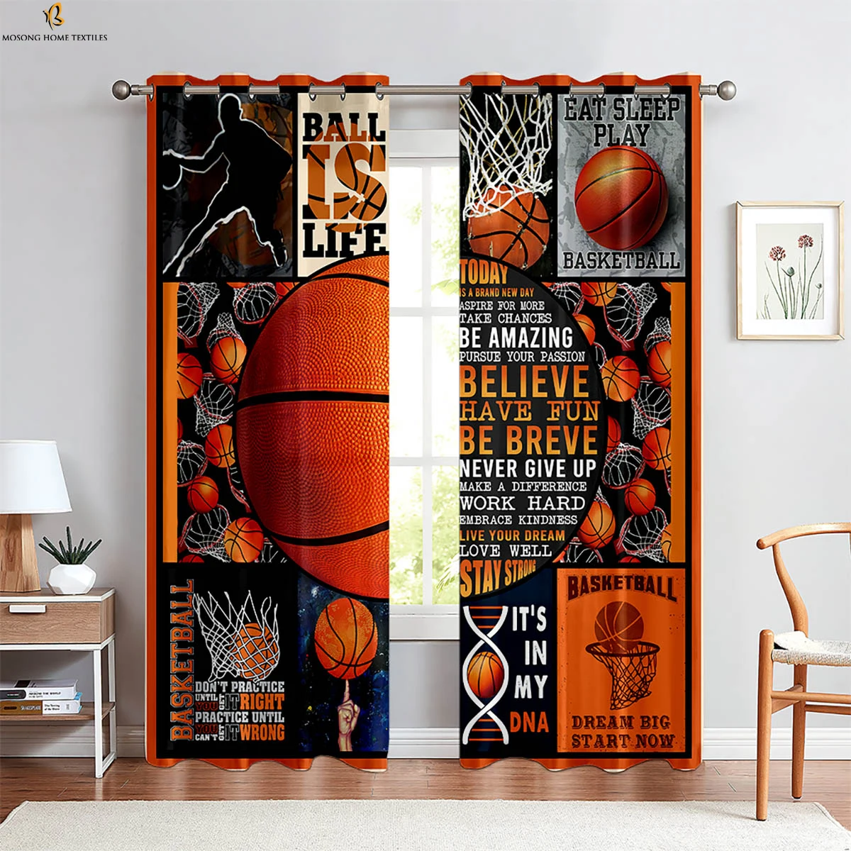 Flame Basketball Sports 3D Printed Curtains Bedroom Living Room Kitchen Decorative Curtains Home Decor 2 Pieces 3