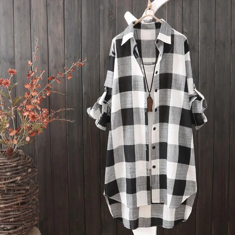 

Women Shirt Plaid Print Women's Shirt with Irregular Hem Long Sleeves Oversized Soft Breathable Lady's Top in Contrast Colors