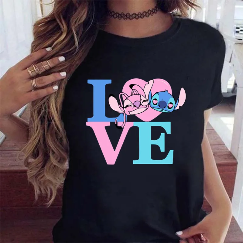 New Fashion Female Clothing Cartoon Disney Stitch Women's T-shirt Summer Short Sleeve Black Tops 3