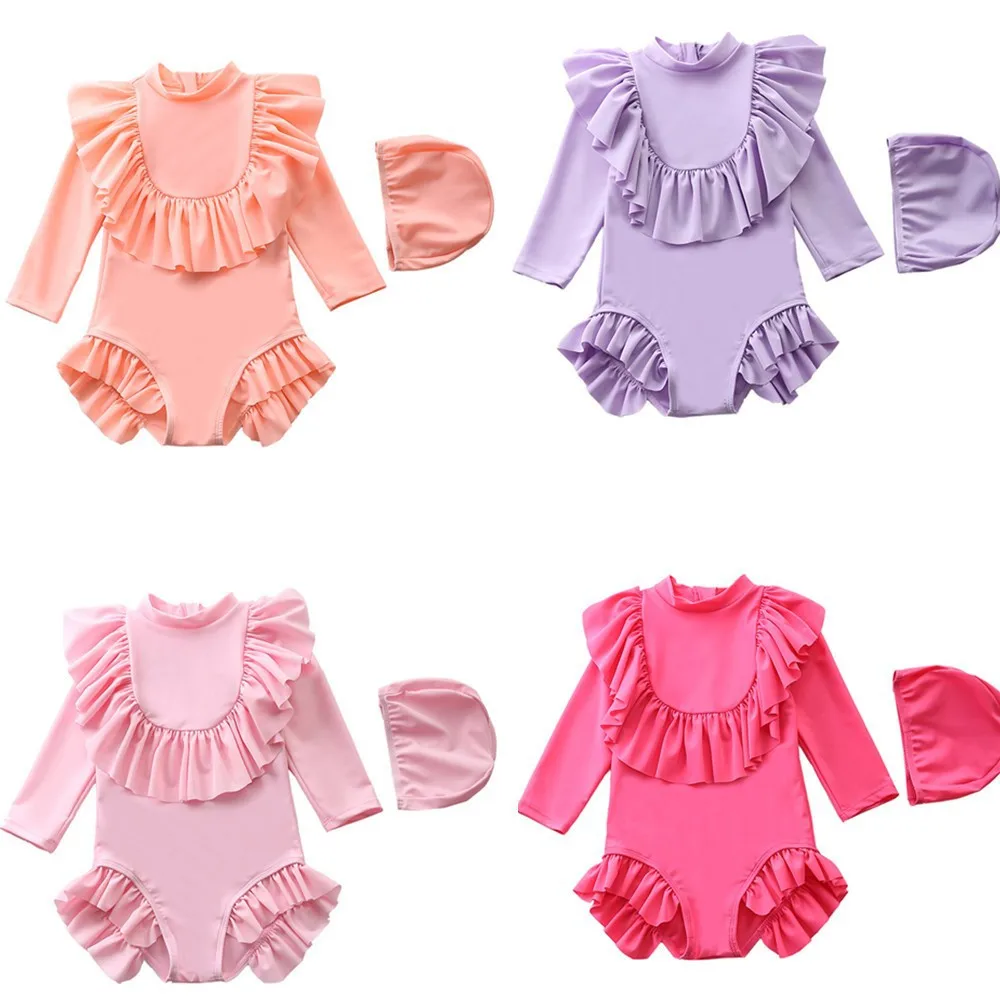 

Happyflute Toddler Ruffled Swimsuit Girl 2-Pieces Leopard Bathing Suits Halter Longsleeve Swimming Suit Kids Beach Swimwear
