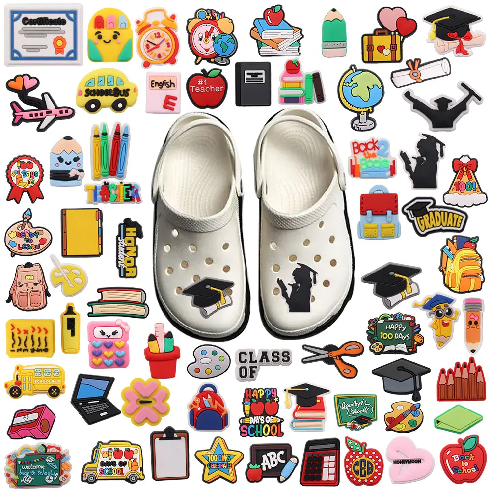 

New Arrival 1pcs Shoe Charms Fit Wristbands Laptop Pen Sharpener Pencil Welcome Back To School Apple Hole Slipper Decoration