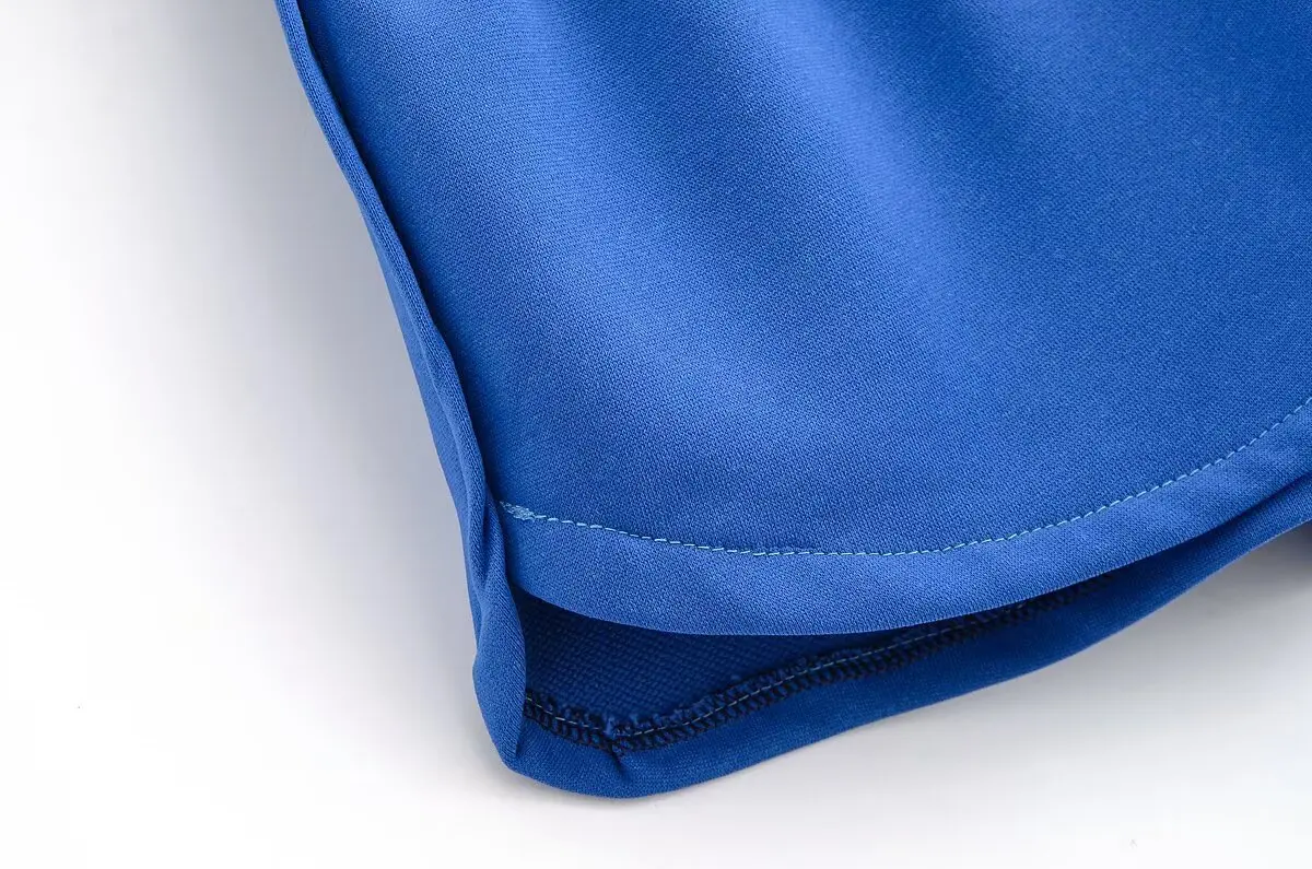 2-teiliges blaues Shorts-Set im Preppy-Stil für Damen, kurzärmliges Sweatshirt aus Baumwolle mit gewaschenem Text und Shorts mit Kordelzug am Bund – Detail 16