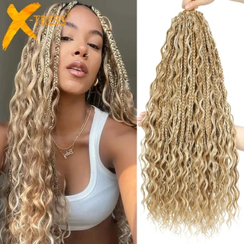 Synthetic Goddess Box Braid Crochet Hair 24" Honey Blonde Boho Bohemian Pre-looped Platinum Blonde Braiding Hair with Curly Ends 1