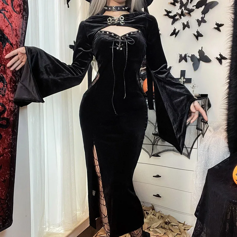 

2pcs Vintage Gothic Medieval Witch Flared Sleeve Mesh Dresses Suit Womens Velvet Hooded Cover Up Tops Halloween Costume Cosplay