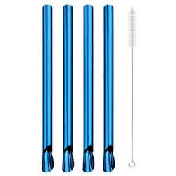 Stainless Steel Reusable Straw & Spoon Set - Eco - Friendly Metal Drinking Straws with Cleaning Brush for Smoothies and Bubble Tea (5 - Piece) (Blue)