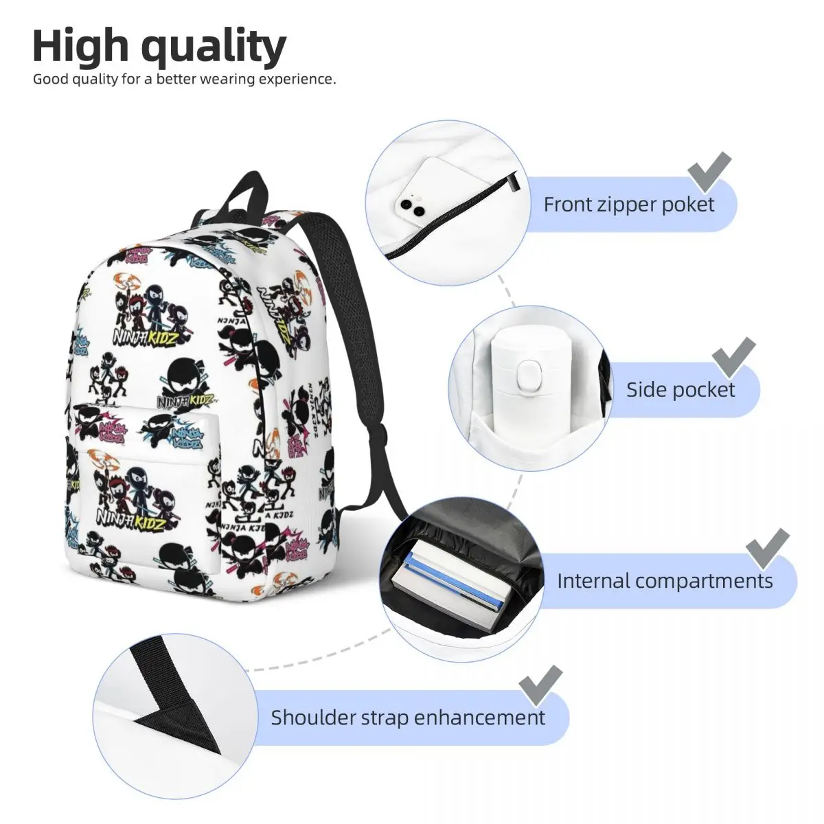 Ninja Kidz Pack Cartoon for Teens Student School Bookbag Canvas Daypack Middle High College with Pocket 4