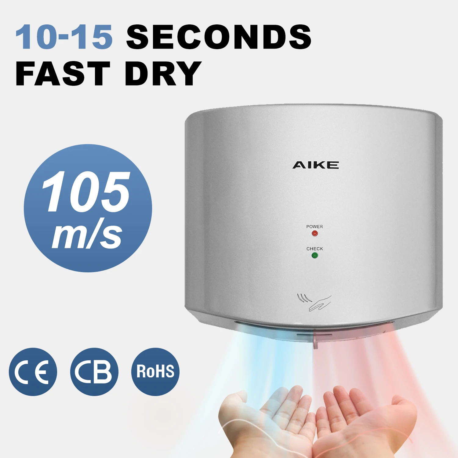 

AIKE Automatic Hands Dryer High Speed 105m/s 1400-1650W Cold and Warm Air Electric Hands Drying Machine Hand Dryer for Bathroom