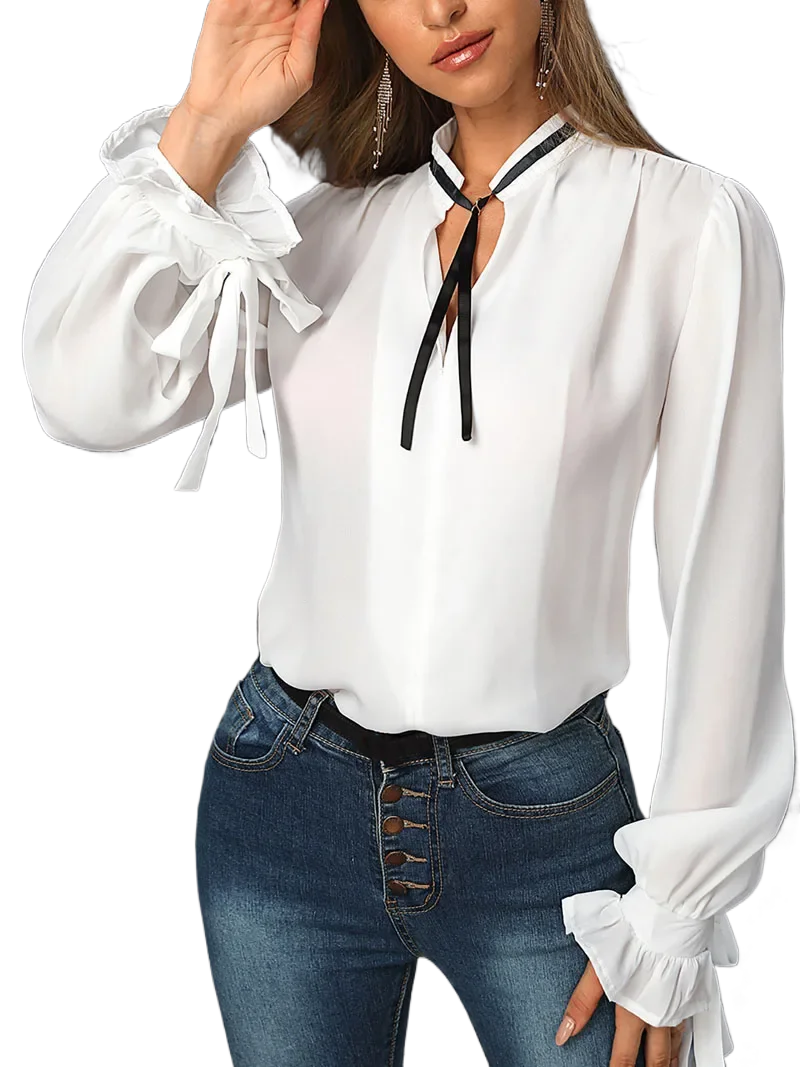 

Женская Повседневная однотонная шифоновая блузка со шнуровкой и длинным рукавом