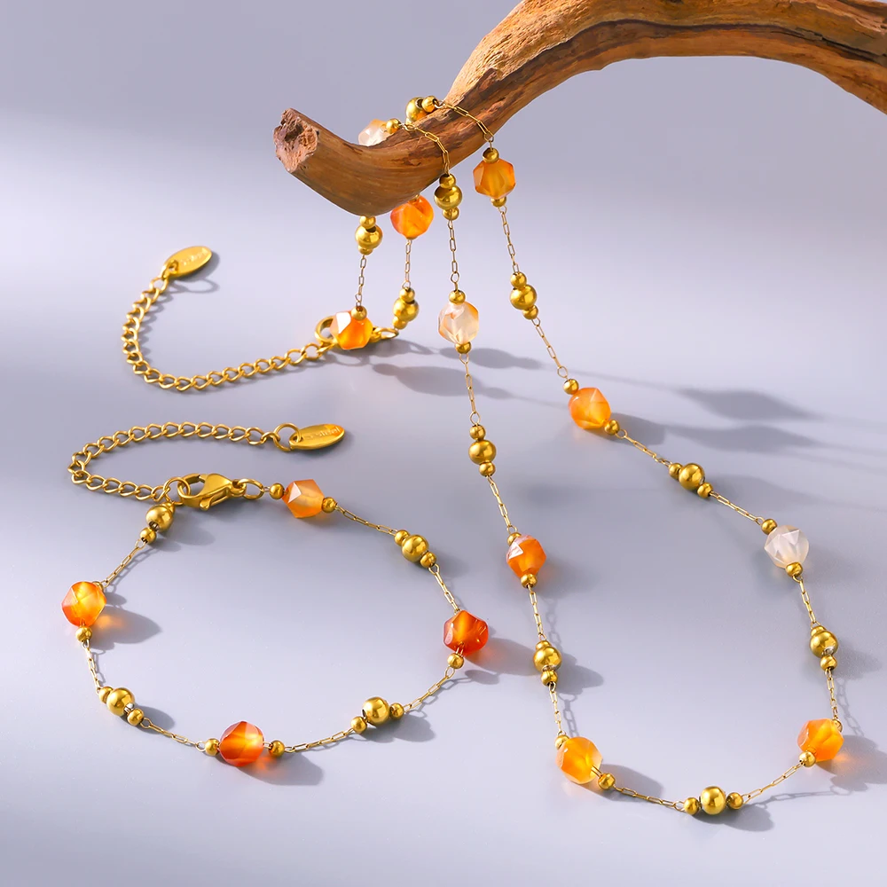Wunderschöne orange beige Halskette Armband Frauen Set Edelstahl Natursteine Perlen Anhänger weibliche Halsketten Schmuck