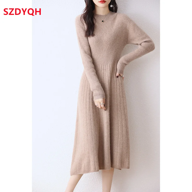 

Женское эластичное трикотажное платье-свитер из 2023 шерсти, плотное теплое облегающее платье, повседневный базовый вязаный пуловер, Осень-Зима 100%