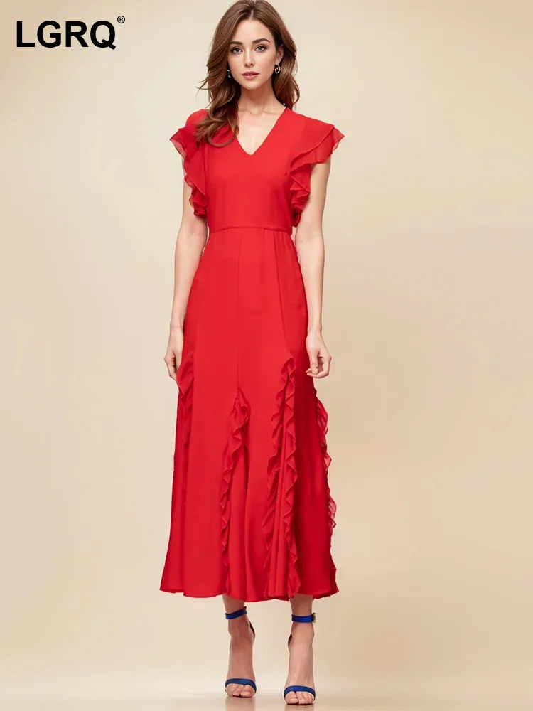 

LGRQ Women Solid Ruffled Dress Design Fashion V Neck High Waist Short Sleeve Thin Elegant Dresses Female Summer 2024 New 3WM570