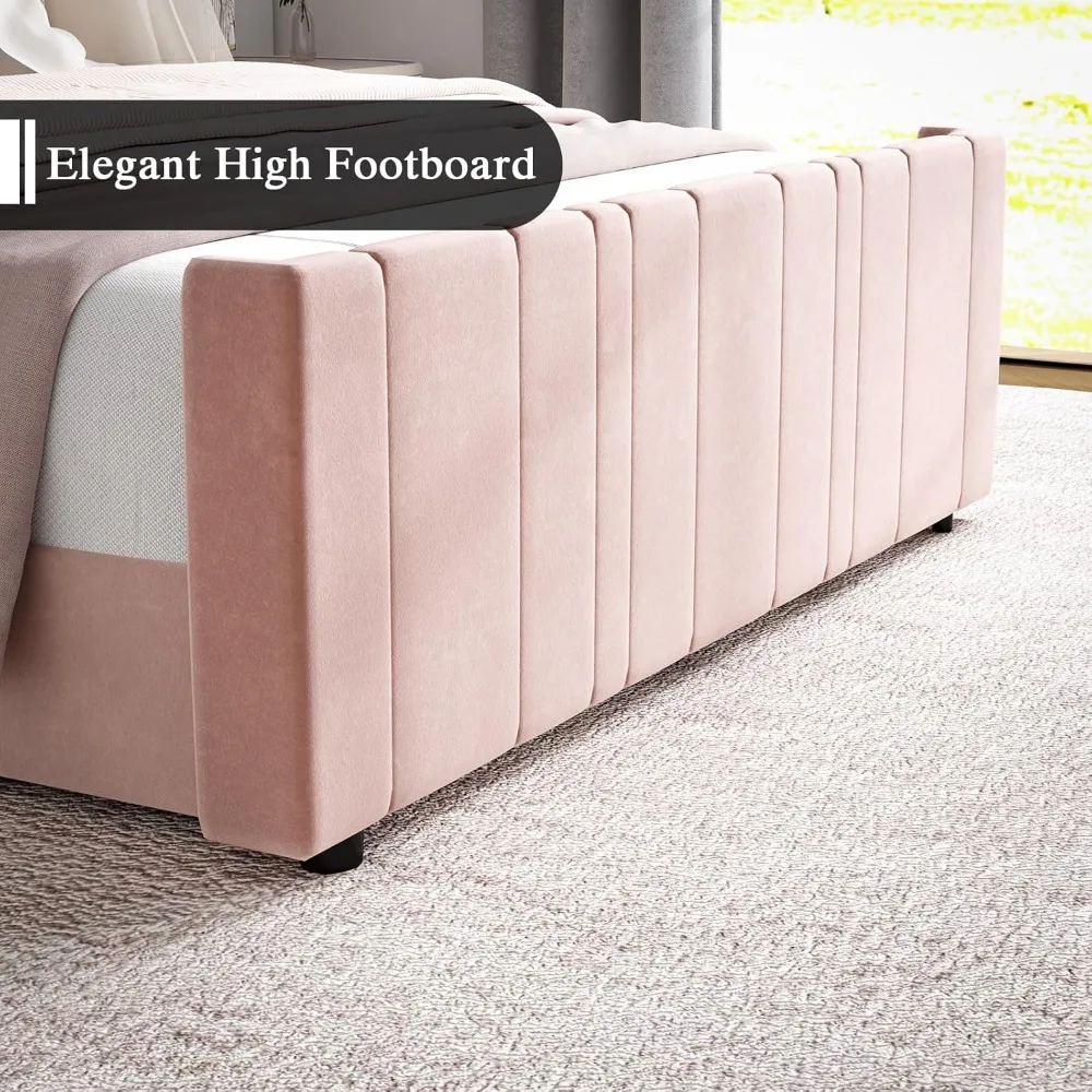 Queen Size Bed Frame, Pink Queen Beds Frames with Vertical Channel Tufted Headboard, Soft Velvet Upholstered Bed Frame 6
