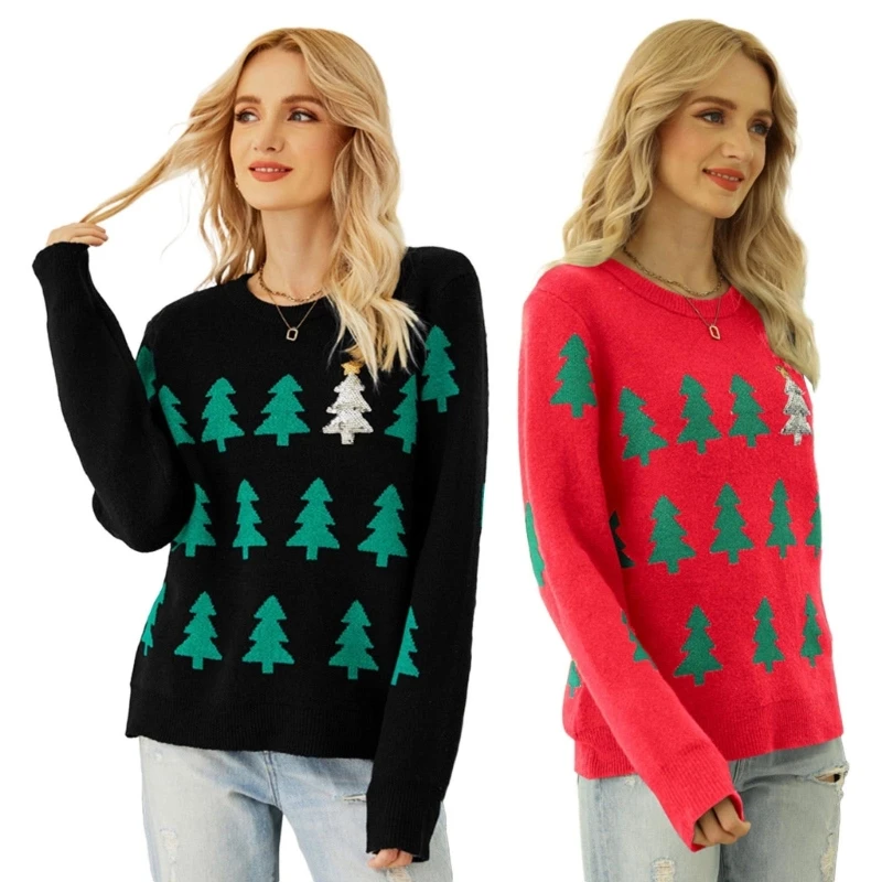 

Trendy Christmas Sweater Women Casual Loose Autumn Winter Coat Long Sleeve Knitted Pullover with Christmas Tree Pattern P8DB