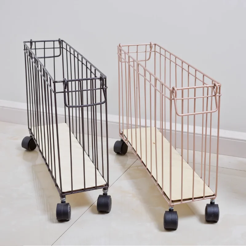 

Slit Storage Basket Iron Art Belt Wheel Nordic Style Painting Snacks Magazine Narrow Finishing Rack Sports Storage Basket