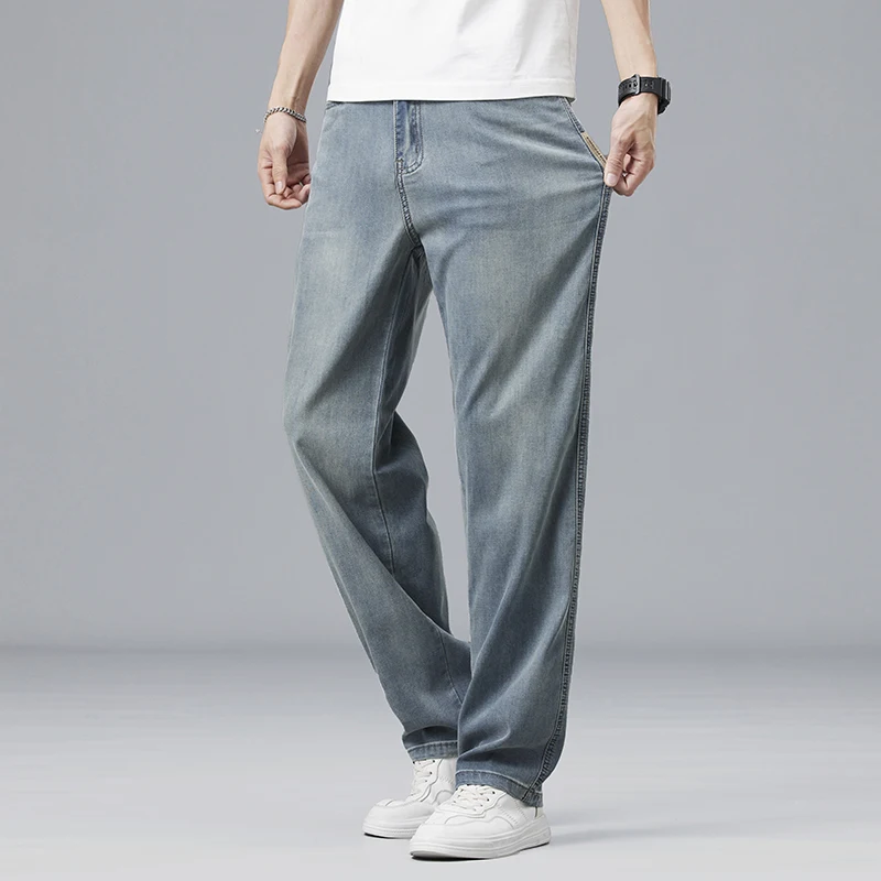 Summer Ultra-thin Lyocell Men's Jeans Drape Soft Fabric Loose Straight Casual Denim Pants Elastic Ice Silk Male Trousers 5