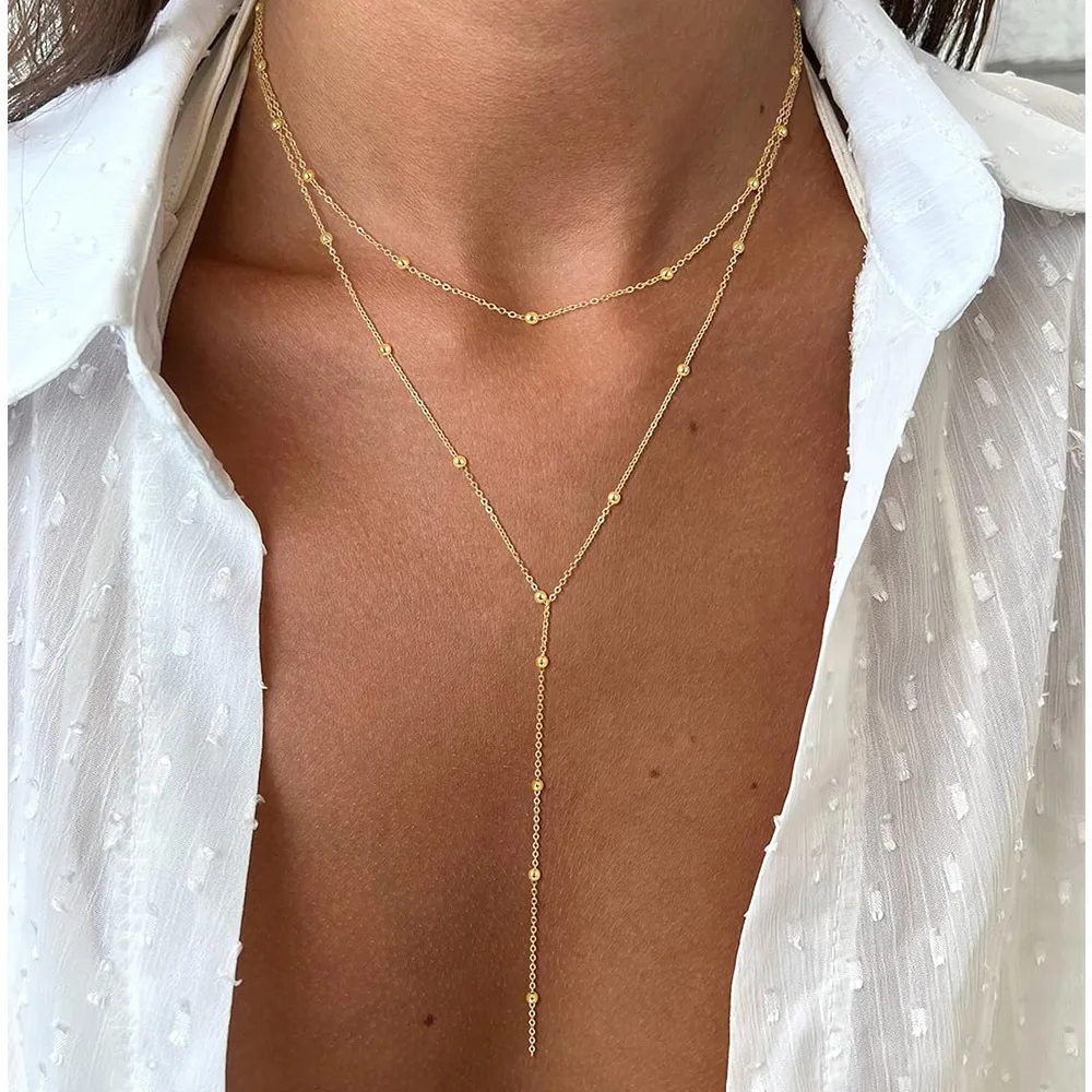 Stainless Steel Lariat Necklace Gold Plated, Dainty Long Necklace Laryered Necklaces For Women Girls, Y Shape Drop Pendant