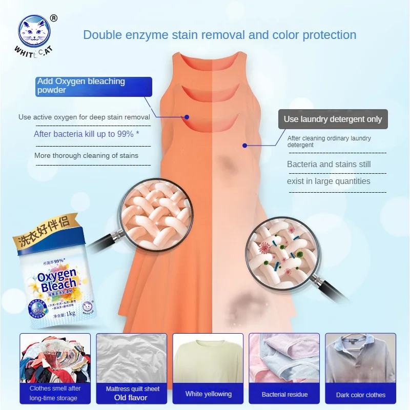 White Cat Living Oxygen Bleaching Bleaching Powder 1kg Explosive Salt Bleach Powder Stain Removal Yellow Removal Whitening