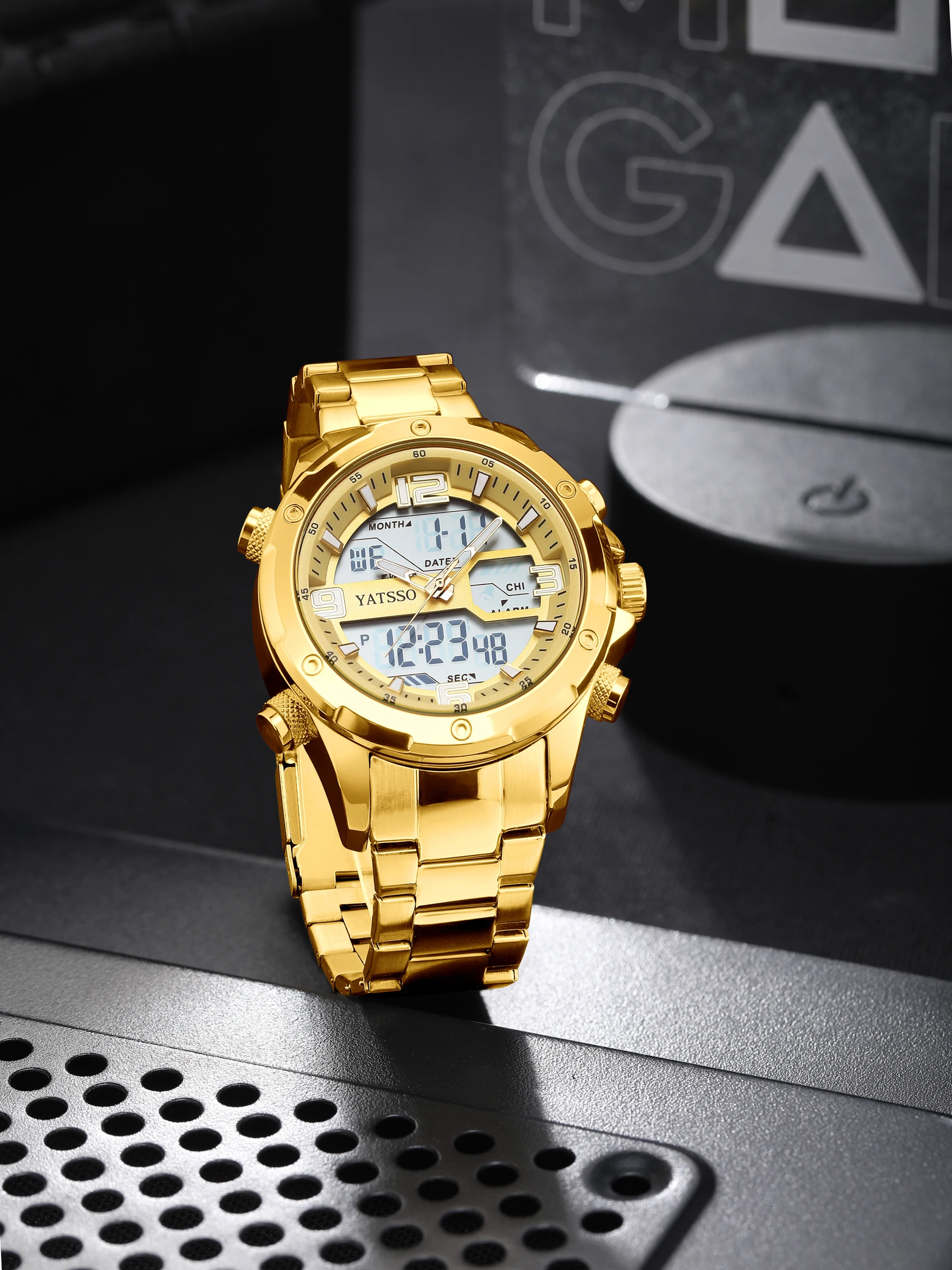 Men's Dual Movement Hybrid Watch - 45mm Alloy Case with Steel Band, Luminous Hands, Alarm, Date Display, and 5ATM Water Resistance