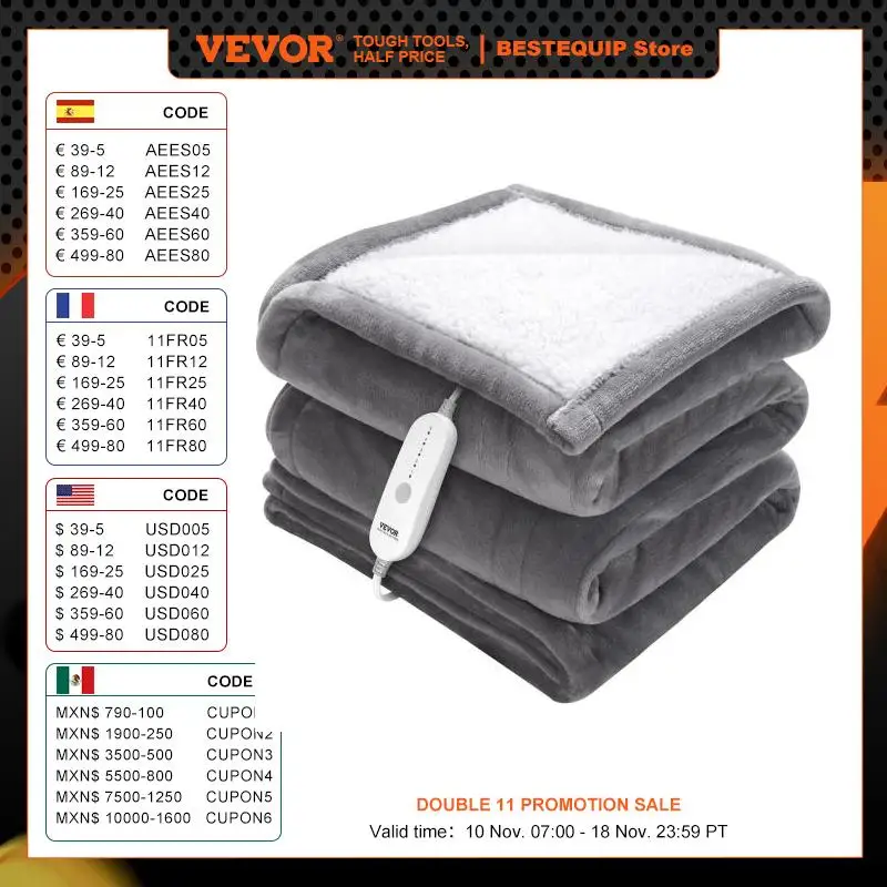 VEVOR Heated Blanket Electric Throw 4 Sizes Soft Flannel & Sherpa Heating Blanket with 3 Hours Timer Auto-off 5 Heating Levels electric heating blanket