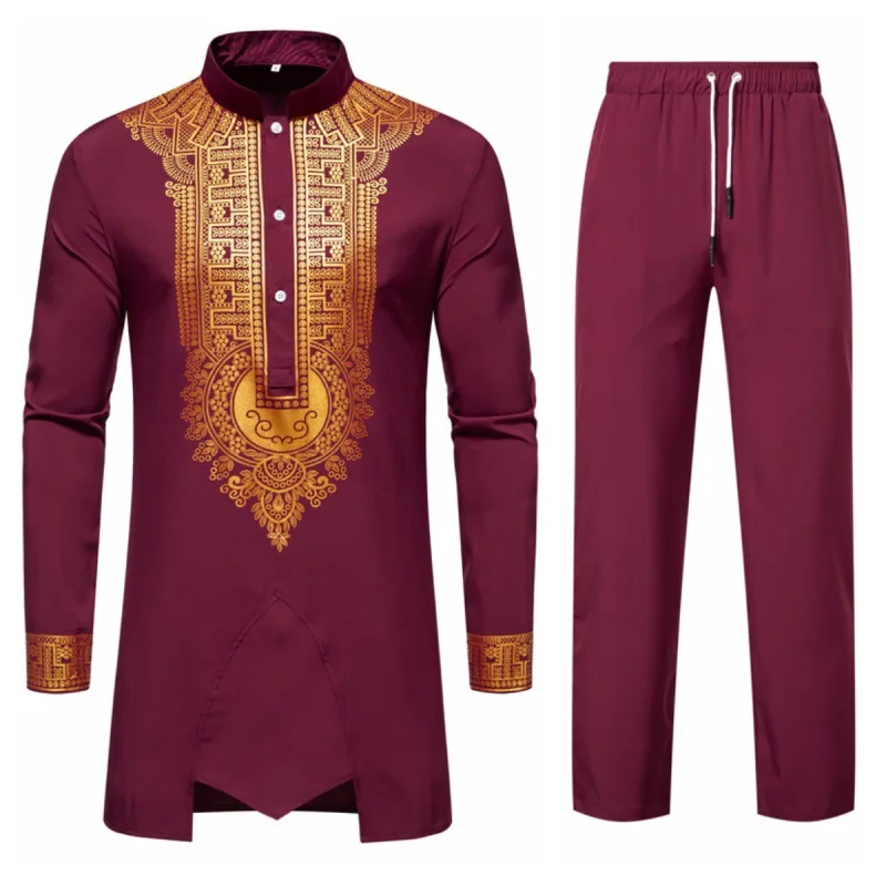 

Men's Long Sleeve Shirt Set Casual African Dresses Clothes Slit Mid-Length National Style Standing Collar Top Pant Two Piece Set