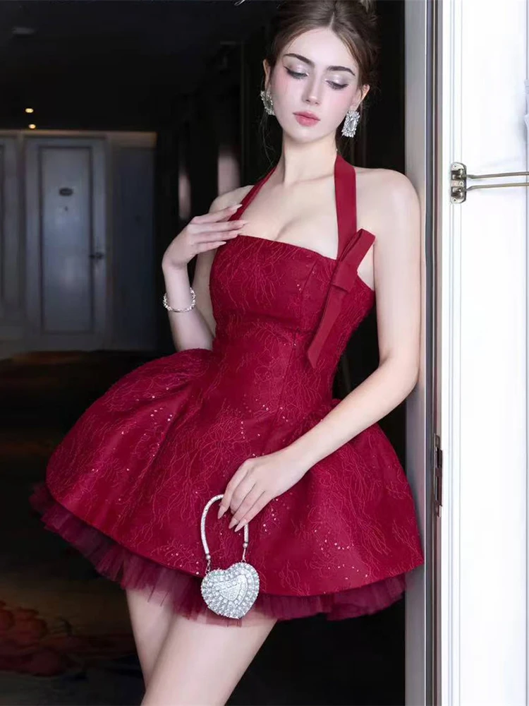 Nibber Birthday Party Jacquard Dresses+Mesh Puffy Skirts Women Sexy Noble Bow Sequin Sleeveless Halter Backless Stretch Suits