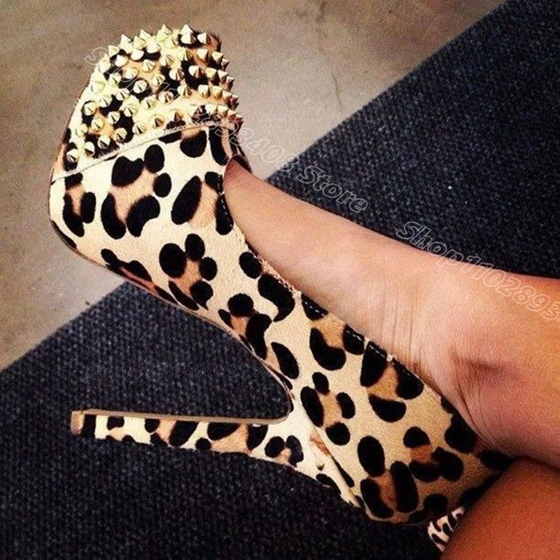 

Leopard Print Rivet Decor Platform Pumps Round Toe Stiletto British Style Stylish Banquet Women Shoes 2024 Zapatos Para Mujere