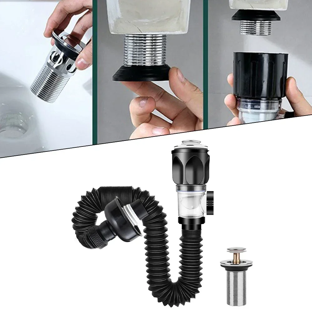 Sink Drain Pipe Upgrade Washbasin Drain Fitting Press Type Siphon With Odor-Proof And Anti-Insect Design Suitable For 40-50mm Sink Holes