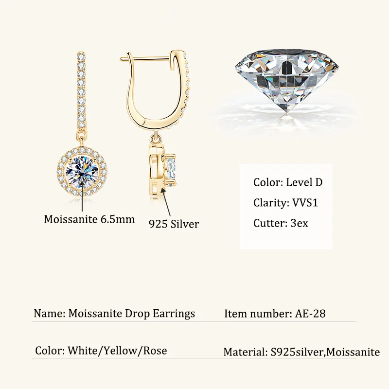 6.5mm 1ct Moissanite Drop Earrings for Women Rose Gold Plated Lab Diamond Wedding Jewelry S925 Sterling Silver Earring Gift
