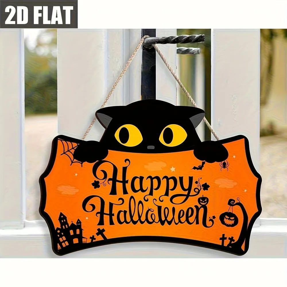 Black Cat Shaped Happy Halloween Wooden Hanging Sign Pumpkin Bat - Image 3