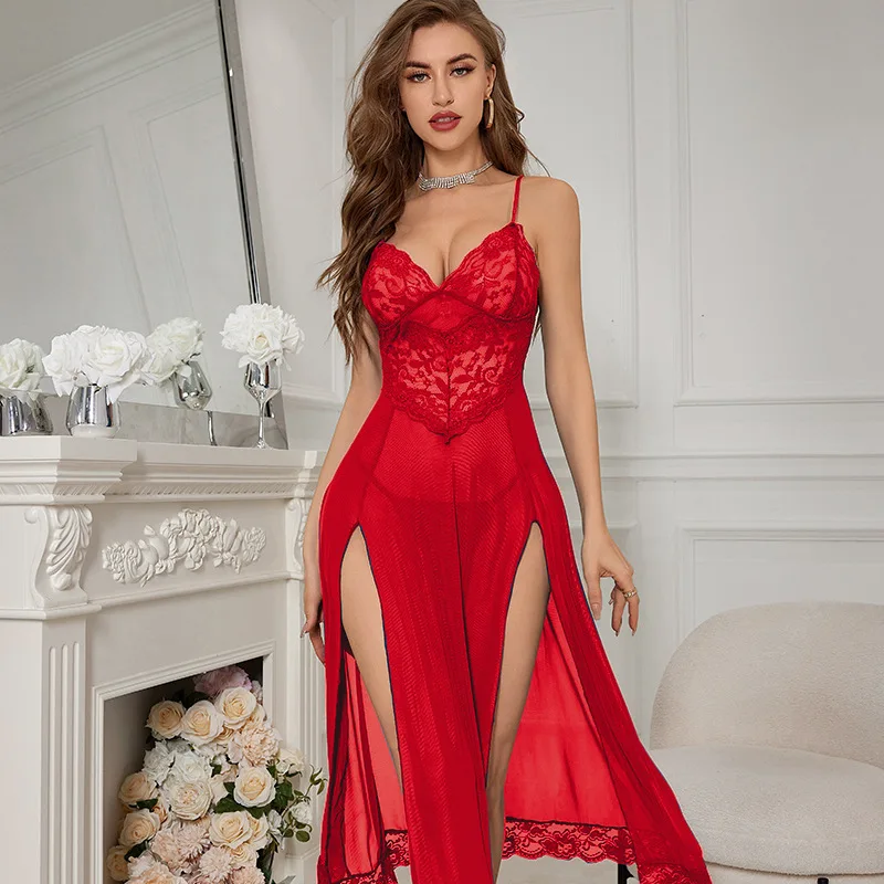 Sexy Women Lingerie Night Dress Spaghetti Strap Sleeping Dress Lace Mesh Split Long Skirt Home Wear Nightgown Sleepwear