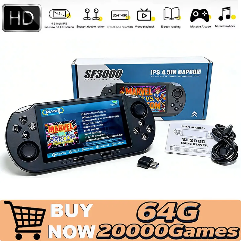 وحدة تحكم ألعاب محمولة متعددة الوظائف SF3000 مع أكثر من 20000 لعبة، شاشة 4.5 بوصة، وحدة تحكم ألعاب كلاسيكية، مشغل فيديو محمول