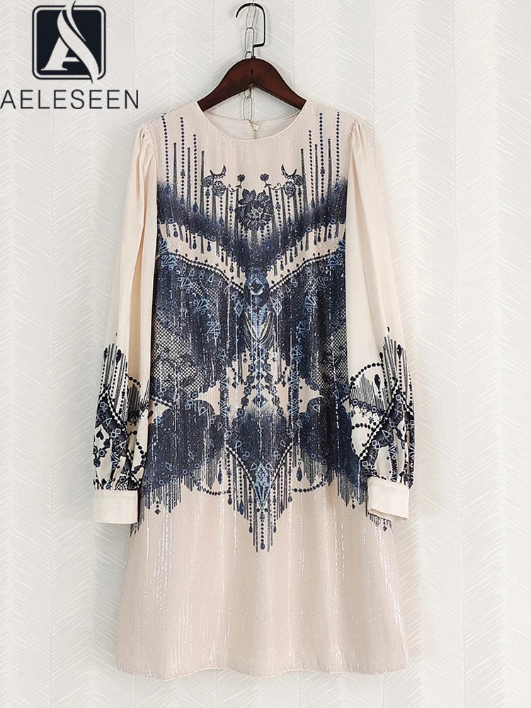 

AELESEEN High Quality Sequined Dress Women Spring Summer New Full Lantern Sleeve Flower Print Casual Retro Holiday Vacation