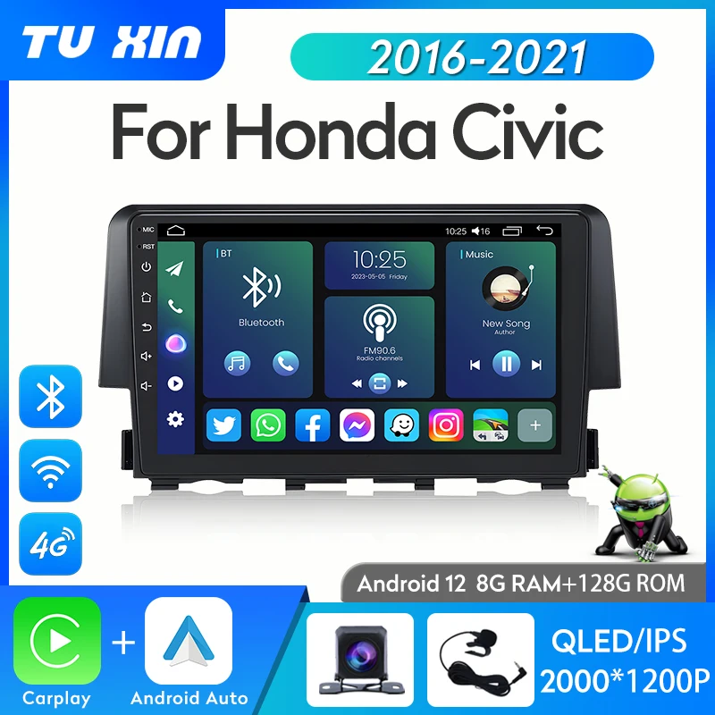 

Автомобильный мультимедийный плеер для Honda Civic 2016-2021 Android 12 8 Core Wifi Bluetooth Carplay Android Авто IPS 2K Автомагнитола