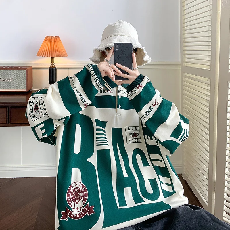Turn-down Collar Mens Sweatshirts Long Sleeve 2023 Streetwear Harajuku Printed Hoodies Vintage Korean Oversized Outwear