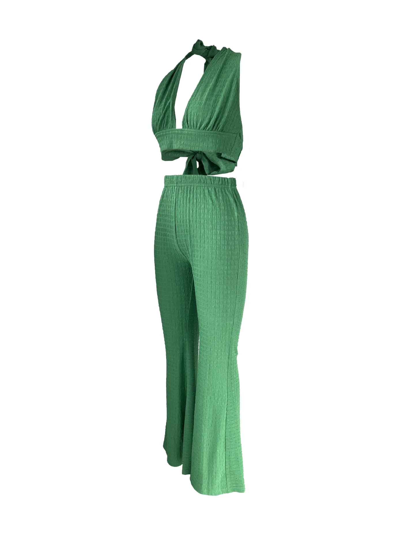 Nightclub Party Sets for Women 2 Pieces Sexy Backless V Neck Sleeveless Halterneck Crop Top Suit Summer Fashion Flared Pant Sets