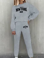 New York Print Two piece Set Casual Kangaroo Women's Casual Fashion Round Neck Sweatshirt, Solid Color Long Sleeves Sweatshirt, - Image 4