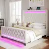 Queen Bed Frame with LED Light and Charging Station, Upholstered High Headboard and Footboard, Wood Slats, Noise Free 1