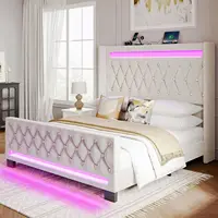 Queen Bed Frame with LED Light and Charging Station, Upholstered High Headboard and Footboard, Wood Slats, Noise Free 1